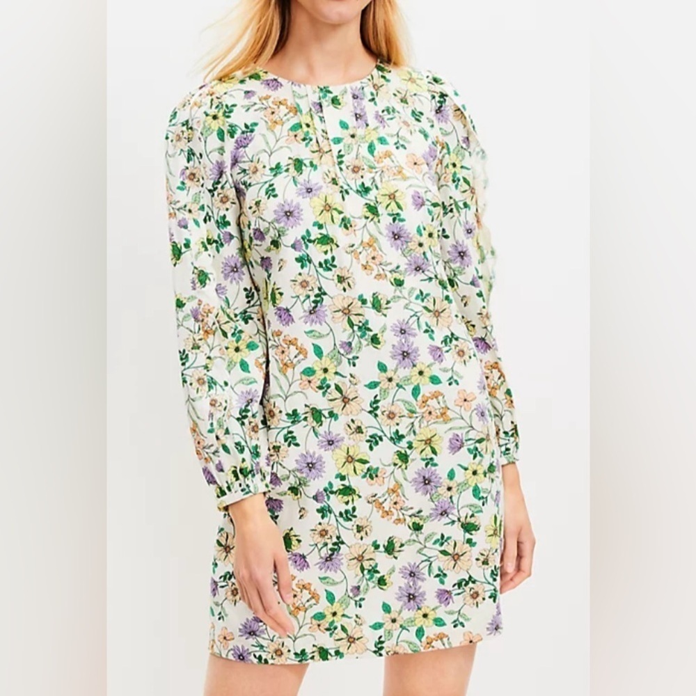 Loft‎ Tall Floral Linen Blend Long Sleeve Shift Dress Size 10T